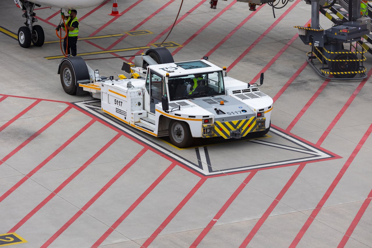 experience-img Aircraft tug maneuvering on a runway, preparing for plane departure at a busy airport.